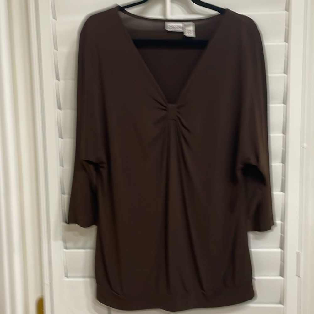 Chico’s Chocolate Brown V-Neck Top, Size 2, same as 12/14 with 3/4 sleeves.